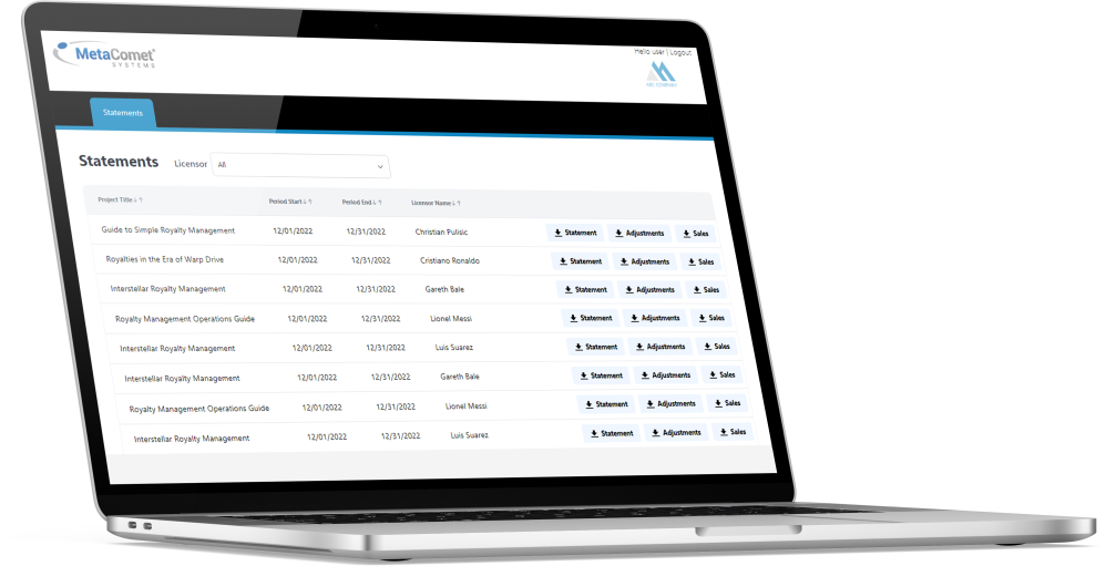 The intuitive MetaComet Royalty Portal interface