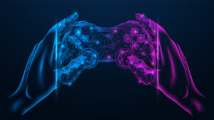 Network gaming. Futuristic game joystick in hands. Polygonal design of interconnected lines and points. Blue background.
