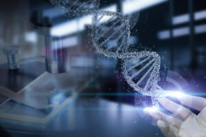 DNA molecule and researcher hand on a dark background.