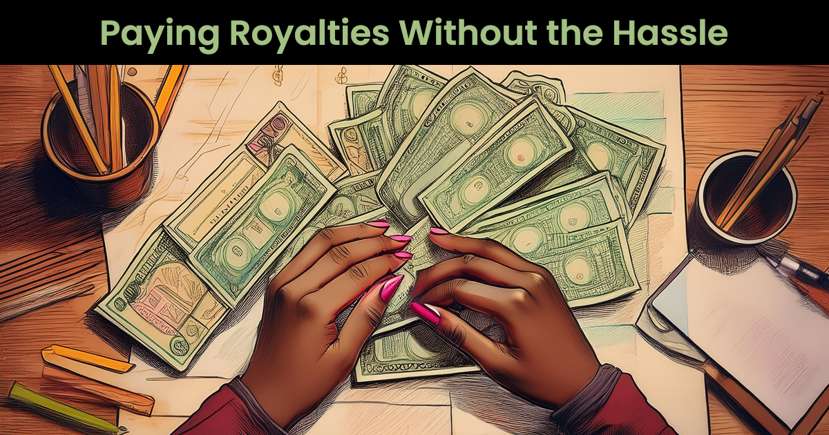 A cartoon image of a woman paying royalties by hand.